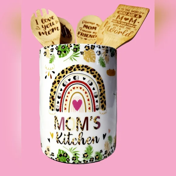 Ceramic Utensil Holder Farmhouse Crock/Wooden Spoons Gift for MOM - Picture 5 of 10